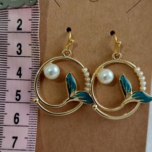 Gold and Green Whale Tail Earrings with Pearl Accents